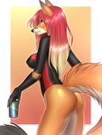 2022 3:4 amur anthro azalea_benz black_nose breasts butt_pose canid canine claws clothed clothing digital_media_(artwork) eyebrows eyelashes female fox gradient_hair green_eyes hair hi_res mammal pink_hair pose smile solo standing
