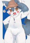 ambiguous_gender anthro belly_tuft blush blush_lines bodily_fluids body_blush brown_eyes brown_hair cheek_tuft clothing crotch_tuft cute_fangs facial_tuft fangs fur glistening glistening_eyes gloves_(marking) grey_paws grey_tail hair hand_on_hat hat hat_only headgear headgear_only headwear headwear_only inner_ear_fluff kemono looking_away male markings mostly_nude navel neck_tuft open_mouth question_mark simple_background solo speech_bubble suggestive sweat sweatdrop tail teeth tuft two_tone_face white_body white_fur young young_anthro dinogaize canid canine canis mammal wolf 2021