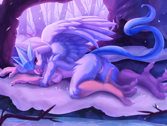 all_fours anthro anus beak blue_body blue_fur breasts butt crystal feathered_wings feathers feet female female_anthro forest fur genitals head_crystal humanoid_genitalia long_tail medium_breasts nipples non-mammal_breasts non-mammal_nipples non-mammal_vulva open_beak open_mouth pink_nipples plant pokemorph rear_view smile smiling_at_viewer snow solo tail tail_feathers talons toes tree vulva wings joeumbre nintendo pokemon articuno avian bird generation_1_pokemon legendary_pokemon pokemon_(species) hi_res