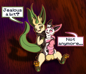 animal_genitalia animal_penis big_penis canine_genitalia canine_penis female feral genitals huge_penis hyper hyper_genitalia hyper_penis knot knotted_penis leaf leaf_hair leaf_tail looking_at_another male on_lap pawpads paws penis plant plant_hair pseudo_hair ribbonjob ribbons ribbons_(anatomy) sitting sitting_on_another sitting_on_ground sitting_on_lap tail text erexis nintendo pokemon prick_(erexis) canid canine eevee eeveelution fox generation_1_pokemon generation_4_pokemon generation_6_pokemon leafeon mammal pokemon_(species) sylveon digital_drawing_(artwork) digital_media_(artwork) english_text hi_res