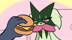 anthro blinking burger dialogue duo fangs female food humor male male/female teeth tongue ram_g_thunder i_can_has_cheezburger? nintendo pokemon generation_9_pokemon human mammal meowscarada pokemon_(species) 16:9 animated hi_res meme short_playtime sound webm widescreen