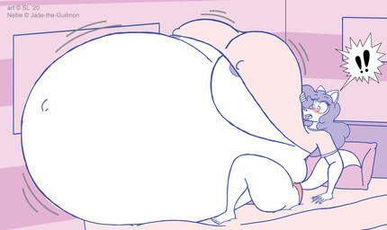 anthro areola areola_slip bed belly belly_expansion big_belly big_breasts blush breast_expansion breasts copyright_symbol exclamation_point expansion female furniture hair hand_on_breast huge_belly huge_breasts hyper hyper_belly hyper_breasts hyper_pregnancy long_belly navel nipple_outline outie_navel pillow pregnant rapid_pregnancy solo speech_bubble symbol thick_thighs satsumalord nellie_(jade-the-guilmon) canid canine canis mammal wolf 2020 digital_media_(artwork) hi_res sketch
