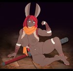 abs anthro arm_support big_breasts breasts chest_tuft featureless_crotch female flexing hair muscular muscular_female navel navel_piercing nude on_ground piercing red_hair solo tuft matypup lagomorph leporid mammal rabbit hi_res