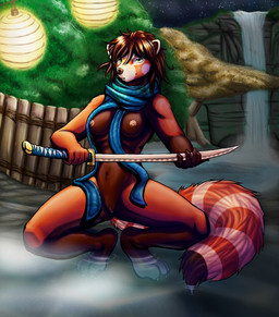 anthro breasts brown_hair crouching female genitals hair holding_katana holding_melee_weapon holding_object holding_sword holding_weapon hot_spring katana lamp lantern melee_weapon nipples nude paper_lantern scarf solo sword tail vulva water waterfall weapon boneitis ailurid mammal red_panda