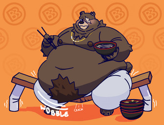 anthro belly belly_jiggle bench big_belly biped blush bowl brown_body brown_fur chair_breaking chopsticks chubby_cheeks claws clothed clothing container double_chin embarrassed eye_scar facial_scar food fur gold_(metal) gold_jewelry gold_necklace holding_bowl holding_chopsticks holding_container holding_object huge_belly jewelry jiggling looking_aside love_handles male moobs navel necklace nipples noodles notched_ear obese obese_anthro obese_male on_bench overweight overweight_anthro overweight_male pattern_background ramen scar simple_background sitting sitting_on_bench solo sound_effects thick_thighs toe_claws topless wide_hips round_cloud mihoyo zenless_zone_zero ben_bigger bear brown_bear mammal ursine hi_res