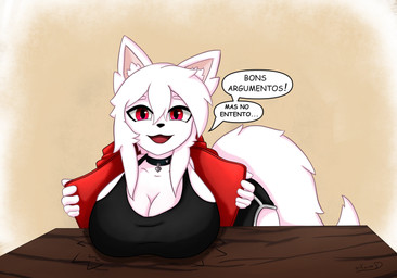 anthro big_breasts breasts clothed clothing coat crop_top female hair open_clothing open_coat open_topwear presenting presenting_breasts shirt simple_background solo text topwear white_body white_hair amoni_(artist) fair_argument_(meme) animal_humanoid canid canine fox humanoid mammal meme portuguese_text