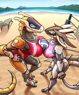anthro ball beach beach_ball big_breasts bikini breast_squish breasts clothing duo eye_contact female female/female footwear frown high_heels inflatable looking_at_another machine metallic_body one-piece_swimsuit shoes squish swimwear synthetic tail two-piece_swimsuit unimpressed visor growingdragon nairim rollwulf robot robot_anthro synth_(vader-san) 2025 hi_res