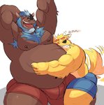 anthro armpit_hair belly big_belly blue_hair blush body_hair brown_body bulge chest_hair clothing duo fur hair heard horn hug male male/male nipple_piercing nipples overweight overweight_anthro overweight_male piercing simple_background smile text underwear white_background yellow_body yellow_fur vitashi mordechai canid canine canis domestic_dog mammal rhinoceros hi_res