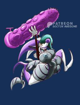 anthro anthrofied bimbofied breasts dildo eyewear female genitals glasses harlequin holding_overhead huge_dildo running sex_toy solo the_analator_9000 thick_thighs toonified toony vulva doctor_awesome aquatic fish requiem_shark shark tiger_shark absurd_res alpha_channel hi_res