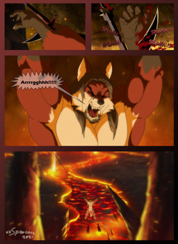 abs animal_genitalia anthro balls beard big_muscles black_hair blood bodily_fluids bound eyes_closed facial_hair fur genitals hair hell lava male multicolored_body multicolored_fur muscular muscular_anthro muscular_male nude pecs red_body red_fur sheath sickle solo sound_effects speech_bubble teeth text torture two_tone_body two_tone_fur white_body white_fur xxsparcoxx teofacio_larna canid canine fox mammal red_fox true_fox 2021 comic digital_media_(artwork) english_text hi_res