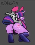anthro bunny_costume butt camel_toe clothing costume curvy_figure duo fake_ears fake_rabbit_ears female footwear fur grey_background hair horn looking_at_another looking_back male male/female presenting presenting_hindquarters purple_body purple_eyes purple_fur purple_hair rabbit_ears simple_background smile smirk tail thick_thighs korsia sl0th friendship_is_magic hasbro my_little_pony mythology twilight_sparkle_(mlp) earth_pony equid equine horse mammal mythological_creature mythological_equine pony unicorn digital_media_(artwork)