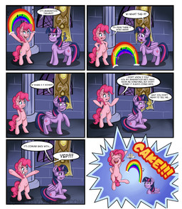 banner blue_eyes cake cutie_mark dessert dialogue duo_focus feathered_wings feathers female feral food frown fur group hair horn humor imagination inside jumping long_hair multicolored_hair open_mouth personification pink_body pink_fur pink_hair plate pun purple_body purple_eyes purple_feathers purple_hair rainbow rainbow_arch sitting smile standing teeth text tongue two_tone_hair visual_pun wings vicse friendship_is_magic hasbro imagination_(meme) my_little_pony mythology nickelodeon spongebob_squarepants pinkie_pie_(mlp) twilight_sparkle_(mlp) animate_inanimate earth_pony equid equine horse mammal mythological_creature mythological_equine pony winged_unicorn absurd_res comic digital_media_(artwork) english_text hi_res meme