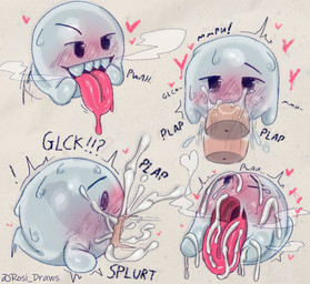 ambiguous_gender black_eyes blush bodily_fluids cum cum_in_mouth cum_inside cum_on_face cum_on_tongue disembodied_penis erection exclamation_point fellatio genital_fluids genitals male not_furry one_eye_closed onomatopoeia open_mouth oral penile penis sex solo sound_effects text tongue tongue_out white_body rosi_draws mario_bros nintendo boo_(mario) ghost spirit english_text hi_res