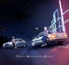 anthro blurred_background bottomwear car clothing collared_shirt dress_shirt duo leaning_on_object male mercedes_w140 pants shirt topwear vehicle typeera bmw bmw_e46 mercedes-benz canid canine felid feline mammal hi_res