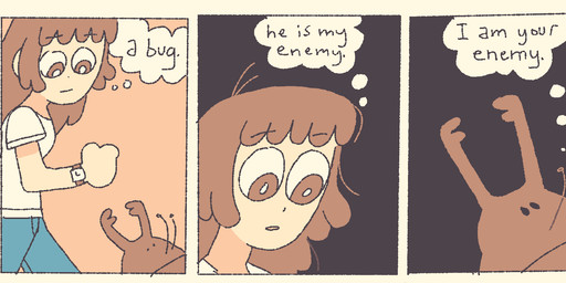 3_panel_comic ahoge ambiguous_gender antennae_(anatomy) black_background bottomwear brown_background brown_eyes brown_hair clock clothing denim denim_bottomwear denim_clothing duo eyebrow_through_hair eyebrows female feral hair humor jeans pants raised_eyebrow shirt simple_background t-shirt text thinking thought_bubble topwear translucent translucent_hair walking watch white_clothing white_sclera white_shirt white_t-shirt white_topwear wristwatch farfin arthropod beetle human insect mammal comic english_text hi_res