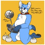 1:1 anthro balls big_balls big_penis bodily_fluids border canid canine collar condom ear_piercing english_text excessive_genital_fluids excessive_precum extreme_size_difference filled_condom fox genital_fluids genitals group hi_res huge_balls huge_penis male male/male mammal nervous overweight panda-chan_(artist) penis piercing precum sexual_barrier_device size_difference text trapped_in_condom wearing_condom white_border