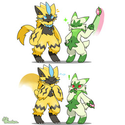 ambiguous_gender anthro biped black_body blue_body blue_eyes cute_fangs duo eyes_closed fangs fur green_body green_fur green_tail humor open_mouth red_eyes shadow short_tail simple_background tail tail_motion teeth white_background yellow_body yellow_fur tontaro nintendo pokemon felid floragato generation_7_pokemon generation_9_pokemon legendary_pokemon mammal pokemon_(species) zeraora 1:1 animated animated_gif short_playtime