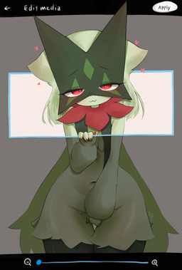 anthro breaking_the_fourth_wall breast_curtains breasts female fur green_body green_fur mask red_eyes shy small_breasts solo text user_interface moccimew nintendo pokemon generation_9_pokemon meowscarada pokemon_(species) absurd_res english_text hi_res
