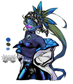 3_eyes blue_body blue_skin bra clothing drugs ear_piercing ear_ring eyewear female fishnet_clothing green_eyes green_hair hair hand_in_pocket humanoid_pointy_ears jacket jewelry kerchief latex latex_clothing latex_legwear legwear long_hair marijuana multi_eye necklace piercing pockets pointy_ears ring_piercing sharp_teeth solo sunglasses teeth topwear underwear womb_tattoo otimusixya cannabis_curse_master_mariphala-chan demon humanoid 2023 digital_media_(artwork) hi_res model_sheet