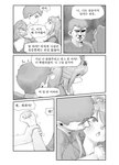 2022 absurd_res anthro arm_grab blockage_(layout) blush comic dialogue female gudlmok99 hair hi_res horizontal_blockage human kemono kissing_cheek korean_text male mammal monochrome mustelid musteline panel_skew song_sehee speech_bubble text translation_check translation_request true_musteline weasel