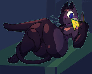ambiguous_gender amputee anthro black_body black_fur blue_eyes blush book butt crossed_legs curling_tail disability fur green_outline missing_arm nude open_mouth outline reading simple_background solo tail tail_around_leg whiskers fukouiro ura-spectre domestic_cat felid feline felis mammal 2019 alpha_channel digital_media_(artwork)