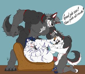 4_toes 5_fingers age_difference anal anal_penetration animal_genitalia animal_penis anthro anthro_on_anthro anthro_penetrated anthro_penetrating anthro_penetrating_anthro assisted_sex balls black_body black_fur blue_body blue_eyes blue_fur blush blush_lines body_hair canine_genitalia canine_penis chest_hair claws dialogue facial_markings feet fingers forehead_markings fur genitals green_eyes grey_body grey_fur grey_hair group group_sex hair head_markings horn hunter knot knotted_penis larger_male male male/male male_penetrated male_penetrating male_penetrating_anthro male_penetrating_male markings mature_male muscular muscular_anthro muscular_male nipples nude older_male pecs penetration penile penile_penetration penis red_body red_fur sex size_difference smaller_male speech_bubble striped_markings striped_tail stripes supervised_sex tail tail_markings teaching text threesome toes tongue trio white_body white_fur yellow_eyes younger_male hunterramirez damon_(karlwolf) karl_(karlwolf) toboe_(toboe2) canid canine canis felid mammal pantherine tiger wolf english_text father_(lore) father_and_child_(lore) father_and_son_(lore) incest_(lore) indirect_incest_(lore) parent_(lore) parent_and_child_(lore) parent_and_son_(lore) son_(lore)