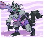 2019 4_fingers 4_toes absurd_res anthro anthro_focus anthrofied athletic athletic_anthro athletic_female athletic_wear barefoot bodily_fluids bottomwear bra breasts chest_tuft claws cleavage clothed clothing duo feet female female_focus fingers fur fur_tuft generation_1_pokemon generation_3_pokemon grey_body grey_fur gym_bottomwear gym_shorts hi_res machoke megawolf77 mightyena multicolored_clothing muscular muscular_female nintendo pink_clothing plantigrade pokemon pokemon_(species) purple_clothing red_eyes red_nose saliva shorts solo_focus sports_bra sports_panties toe_claws toes tongue tuft underwear white_clothing