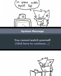 anthro camera computer dialogue electronics humor joke male open_mouth sad simple_background text tongue white_background arrwulf furaffinity canid canine canis mammal wolf comic english_text monochrome