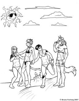 anthro beach bikini clothed clothing cloud crop_top female group male midriff navel outside seaside shirt simple_background skimpy sky sun swimwear tail topwear two-piece_swimsuit white_background narcoticdream irene_(narcoticdream) ramana canid canine canis domestic_cat domestic_dog felid feline felis fox mammal 2007 black_and_white digital_drawing_(artwork) digital_media_(artwork) monochrome sibling_(lore) twins_(lore)