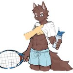 abs anthro athletic athletic_male beverage bottomwear clothed clothing clothing_lift holding_beverage holding_object male shirt shirt_lift shorts simple_background solo tennis_racket topwear white_background joeyzliaotang canid canine canis mammal wolf 1:1 hi_res