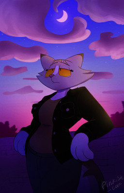 anthro big_breasts bottomwear breasts clothed clothed_anthro clothed_female clothing cloud cloudy_sky crescent_moon darkness evening female fur grey_body grey_fur jacket leaf leaning light moon moonlight multicolored_body multicolored_fur nature nature_background orange_eyes pants pink_light pink_nose sad shirt sky solo standing star sunset t-shirt tail tired tired_eyes toony toony_eyes topwear pinkish-cat rachel_miller_(pinkish-cat) domestic_cat felid feline felis mammal absurd_res colored hi_res shaded