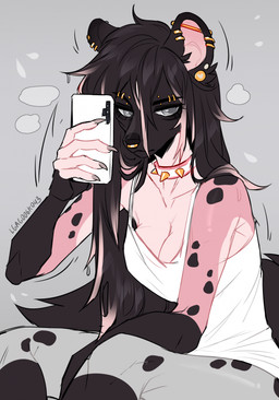 anthro black_body black_fur black_hair black_nose black_spots cellphone clothing collar ear_piercing ear_ring electronics eyebrow_piercing eyebrow_ring eyebrow_stud facial_piercing female fingerless_(marking) fingerless_gloves_(marking) fur gloves_(marking) gold_piercing grey_background grey_eyes hair holding_cellphone holding_object holding_phone holding_smartphone humanoid_hands industrial_piercing long_hair looking_at_viewer markings nose_piercing nose_ring phone piercing pink_body pink_fur ring_piercing shirt simple_background smartphone solo spiked_collar spikes spots tank_top topwear wearing_collar lgag006k043_(artist) misha_(lgag006k043) 2026 digital_drawing_(artwork) digital_media_(artwork) hi_res