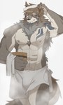 3:5 abs anthro arm_tattoo armpit_hair bath bathing blush body_hair bulge canid canine canis chest_hair hachi_duchi hi_res lifewonders looking_at_viewer male mammal muscular nipples pecs simple_background smile solo tattoo temujin_(tas) tokyo_afterschool_summoners towel towel_around_waist towel_only wolf