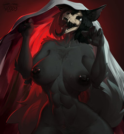 5_fingers abs anthro areola arm_tuft athletic athletic_female barbell_piercing bed_sheet bedding big_breasts black_areola black_body black_fur black_hair black_nipples black_tongue bodily_fluids body_hair bone breasts chest_tuft curvy_figure eyelashes female fingers fur gradient_background hair happy_trail long_nails long_tongue navel nipple_barbell nipple_dip nipple_piercing nipples nude nude_anthro nude_female open_mouth piercing pubes red_light saliva saliva_string sharp_teeth shoulder_tuft simple_background skull skull_head small_waist solo tail teeth tongue tuft under_covers white_eyes wide_hips wooodies8 scp_foundation scp-1471-a canid canine mammal 2025 absurd_res digital_media_(artwork) half-length_portrait hi_res portrait watermark