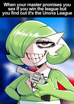 3_fingers breasts eyebrows female fingers green_body green_eyebrows green_hair gun hair handgun holding_gun holding_handgun holding_object holding_ranged_weapon holding_revolver holding_weapon looking_at_viewer not_furry ranged_weapon red_eyes revolver solo teeth text weapon white_body saltyxodium nintendo pokemon gardevoir generation_3_pokemon humanoid pokemon_(species) 2025 english_text hi_res