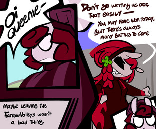 anthro braided_hair clothing clover_(plant) dialogue female grey_body grey_skin hair hand_on_hip jumpsuit on_knee pink_body pink_skin plant racing_uniform red_hair sharp_teeth shell_hat size_difference smug smug_grin speech_bubble teeth text toothy_grin thefablednekos spiral_stream_derby crimson_clover queen_majesty gastropod mollusk snail comic english_text