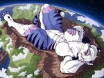 2023 4:3 4_toes 5_fingers abs absurd_res anthro big_muscles black_highlights blue_body blue_fur breast_grab breasts cloud featureless_breasts feet felid female fingers fur giga hair hand_on_breast hi_res highlights_(coloring) huge_muscles laying_on_planet looking_at_viewer lying macro mammal muscular muscular_anthro muscular_arms muscular_female muscular_thighs orange_eyes pantherine pederont planet purple_body purple_fur solo striped_body striped_fur stripes tail taimu_(curioustorvald) terra_macro tiger toes white_body white_fur white_hair yellow_sclera