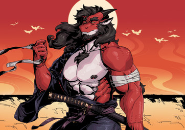 2_horns abs anthro areola arm_wraps asian_clothing beard biceps biped black_body black_claws black_clothing black_hair black_horn black_kimono black_scales chest_tuft claws clothing deltoids east_asian_clothing facial_hair field finger_claws hair hand_wraps horn japanese_clothing katana kimono long_hair male male_anthro melee_weapon muscular muscular_anthro muscular_male nipples obliques outside pecs purple_sash red_body red_scales red_sky scabbard scales sky solo sun sword tuft unsheathing_sword unsheathing_weapon weapon white_body white_scales wraps yellow_eyes xandy_art mythology ambient_bird ambient_flier dragon mythological_creature mythological_scalie scalie 2025 hi_res
