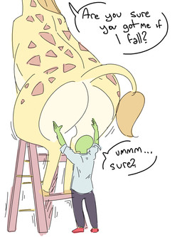 big_butt brown_hair butt death_by_snu_snu duo female feral hair hooves horn huge_butt ladder larger_female larger_feral long_neck male markings ossicone shaking size_difference slightly_chubby smaller_human smaller_male spots spotted_body trembling wide_hips nobby_(artist) anon paisley_(nobby) giraffe giraffid human mammal aliasing binary_drawing digital_drawing_(artwork) digital_media_(artwork) hi_res