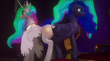 ambiguous_penetration blue_body blue_hair bouncing_butt butt butts_touching crown cutie_mark dildo dock_(anatomy) double_dildo duo feathered_wings feathers female female/female female_penetrated feral feral_on_feral feral_penetrated feral_penetrating glowing glowing_hair glowing_tail hair headgear horn inside multicolored_hair multicolored_tail nude open_mouth penetration pink_eyes quadruped raised_tail sex sex_toy sex_toy_insertion side_view tail teal_eyes teeth text white_body wings angrydraconequus blender_eevee blender_eevee_next friendship_is_magic hasbro my_little_pony mythology princess_celestia_(mlp) princess_luna_(mlp) equid equine horse mammal mythological_creature mythological_equine pony winged_unicorn 16:9 3d_(artwork) 3d_animation animated blender_(artwork) digital_media_(artwork) hi_res loop no_sound short_playtime widescreen incest_(lore) sibling_(lore)