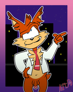 anthro balls clothed clothing dress_shirt_only genitals male mostly_nude navel necktie necktie_only open_clothing open_shirt open_topwear penis shirt solo suit topwear squirrelfromthesouth atari bubsy_(series) bubsy_4d bubsy_bobcat bobcat felid feline lynx mammal hi_res
