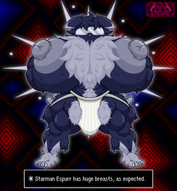 abs abstract_background anthro areola arm_hair arm_tuft balls barazoku barefoot biceps big_areola big_balls big_breasts big_bulge big_muscles big_nipples blue_body blue_fur body_hair breast_tuft breasts bulge butt_hair cheek_tuft chest_hair chest_tuft claws clothed clothing ear_markings eyewear facial_tuft feet fluffy fluffy_balls fluffy_breasts fluffy_chest front_view fur fur_markings fusion genitals glasses glowing glowing_body grey_areola grey_nipples gynomorph hair hairy_breasts hands_on_hips happy_trail head_tuft huge_areola huge_breasts huge_muscles huge_nipples humanoid_genitalia ineffective_clothing intersex jockstrap jockstrap_only leg_tuft markings multicolored_body multicolored_fur muscular muscular_anthro muscular_arms muscular_gynomorph muscular_intersex muscular_legs muscular_thighs nipples nude penis pose psychic psychic_energy psychic_powers pubes serious shoulder_tuft solo spread_legs spreading standing sunglasses text text_box tight_clothing toe_claws topless tuft two_tone_body two_tone_fur underwear underwear_only visor white_body white_body_hair white_fur white_hair white_pubes annaengine earthbound_(series) nintendo pokemon fan_character espurr felid feline generation_6_pokemon mammal pokemon_(species) starman absurd_res crossover digital_drawing_(artwork) digital_media_(artwork) english_text hi_res busty_boy_(lore) male_(lore)