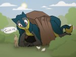 anthro apology big_penis building destroyed_building destruction duo fangs fluffy fur genitals green_body green_fur grey_body grey_fur growth huge_penis hyper hyper_genitalia hyper_penis macro male penis red_eyes rubble shed shy tail tail_tuft teeth tuft yellow_body yellow_fur squeaker brom_(sahurus) equid equine horse mammal sergal 4:3 hi_res