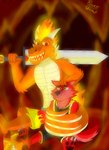 anthro big_teeth black_nose black_pawpads black_paws claws clothed clothing duo elemental_manipulation feet fire fire_manipulation flaming_hair fur gold_(metal) hair hug lava male male/male melee_weapon orange_body orange_scales pawpads pseudo_hair red_background red_body red_eyes red_fur red_hair scales simple_background size_difference smaller_male smile sword tail tail_fetish tail_play topless topless_anthro topless_male volcano weapon yellow_eyes duqueofdingos mythology duquedingo_(character) ember_draeus canid canine canis dingo dragon mammal mythological_creature mythological_scalie scalie digital_media_(artwork) hi_res