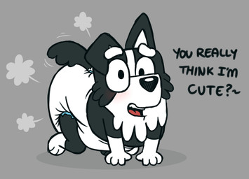 air_puff all_fours anthro asking asking_if_serious asking_viewer blush clean_diaper clothed clothing cloud_emanata dialogue diaper diaper_only diaper_puff emanata fur hair kneeling looking_at_viewer male open_mouth question questioning_tone simple_background smile solo talking_to_viewer text topless wearing_diaper yes-no_question young young_anthro tenerius bluey_(series) mackenzie_(bluey) border_collie canid canine canis collie domestic_dog herding_dog mammal pastoral_dog sheepdog digital_media_(artwork) english_text hi_res