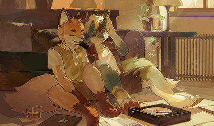 anthro big_tail black_bottomwear black_clothing black_shorts blue_body blue_eyes blue_fur bottomwear clothed clothing detailed_background duo eyes_closed eyewear fur furniture glasses jacket kemono listening_to_music male markings open_mouth orange_body orange_fur pawpads pink_pawpads record_player red_clothing red_jacket red_topwear sailor_uniform shirt shorts sitting sitting_on_ground slim sofa tail topwear uniform warm_lighting white_body white_clothing white_fur white_shirt white_topwear yellow_markings n16_furry juncos_(jayfeath3r) canid canine fox mammal hi_res warm_colors