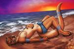 anthro beach blue_eyes bulge butt clothing detailed_background feet femboy flirting hindpaw inviting looking_at_viewer lying male on_back outside paws pose sand sea seaside sky solo sunset underwear water wave kadohusky mammal mustelid otter 3:2 pinup