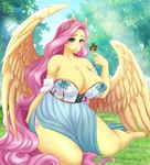 anthro anthrofied big_breasts bow_(feature) bow_bustier breasts bustier cleavage clothed clothing clothing_bow duo feathers female hair huge_breasts outside pink_hair twin_bows twin_clothing_bows wings yellow_body yellow_feathers tiggybloom friendship_is_magic hasbro my_little_pony mythology fluttershy_(mlp) equid equine mammal mythological_creature mythological_equine pegasus digital_media_(artwork) shaded