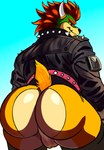 alternative_fashion anthro backsack balls big_butt bowser butt clothing daddytwinkle genitals gradient_background hair hairless_balls hairless_butt hi_res jacket leather leather_clothing leather_jacket leather_topwear male mario_bros nintendo punk shaded simple_background smooth_skin solo solo_focus spikes studs tail thick_thighs topwear
