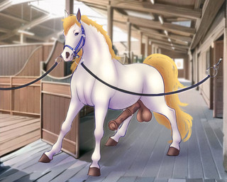accessory animal_genitalia animal_penis balls blonde_hair blue_eyes bodily_fluids detailed_background equine_genitalia equine_penis erection feral flared_penis fur genital_fluids genitals hair halter hooves leash male mane mottled mottled_genitalia mottled_penis nude penis precum solo stable tail white_body white_fur nneru_em equid equine horse mammal digital_media_(artwork) hi_res